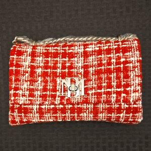 Badgley Mischka Red and White Tweed Shoulder Bag